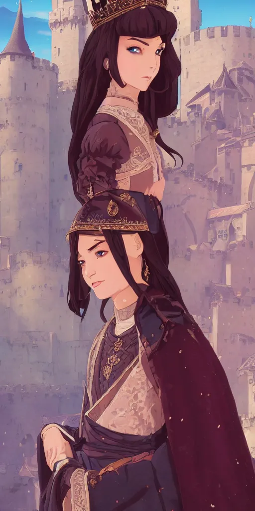 Prompt: portrait of elegant brunette as a medieval royalty, medieval castle background, shallow focus, rich vivid colors, ambient lighting, dynamic lighting, 4k, official media, anime key visual, makoto shinkai, ilya kuvshinov, lois van baarle, rossdraws, detailed, trending on artstation