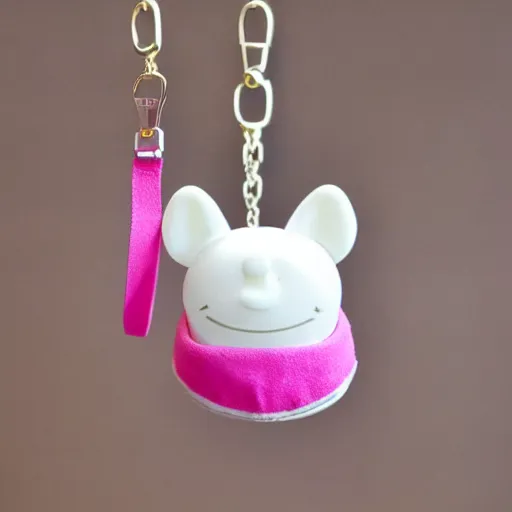 Image similar to some cute plastic toys that look like animal characters hanging from a backpack on a keychain, white, cream, and light pink