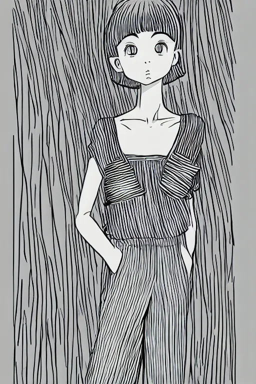 Image similar to portrait of a girl in long pants and a top, hands in pockets, eyes closed, bob haircut, digital art, black and white, lineart by junji ito and kaoru mori