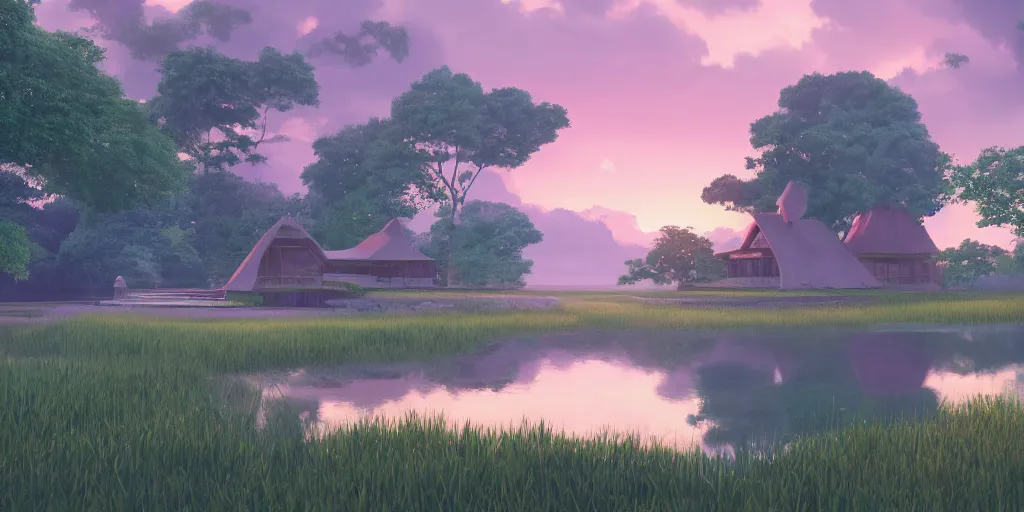 Prompt: a serene landscape with singular building near a lake with lotus at sunrise, pixar style, ghibli studio anime style, 8 k, hdr, octane render, unreal