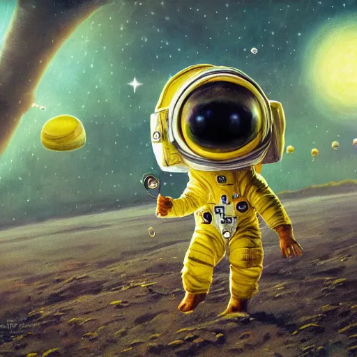 Prompt: soulful long shot of a cute baby frog astronaut wearing an astronaut suit and astronaut helmet, by esao andrews, by m. w. kaluta, ultra humorous illustration, small depth of field, perspective perception, volumetric light, psychedelic colors, 3 d octane render, 8 k, conceptart, hyperdetailed, hyperrealistic, trending on artstation