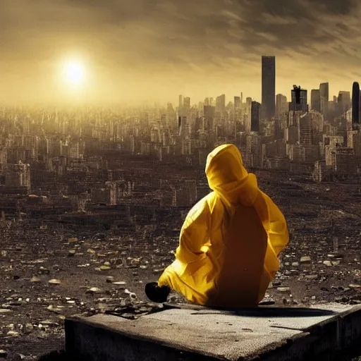 Prompt: a beautiful award-winning photo of the last man on Earth wearing a hazmat suit sitting near the flag of Argentina, serene idyllic post-nuclear background, a mirage of a skyline of a destroyed city, volumetric lighting, very high quality, extremely detailed, subtle visual noise, 8K