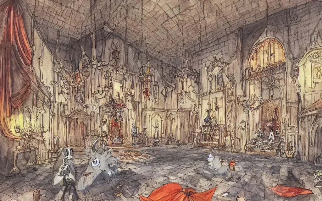 Image similar to interior, a large hall in the castle decorated for halloween drawn by hayao miyazaki, watercolor illustration for a book