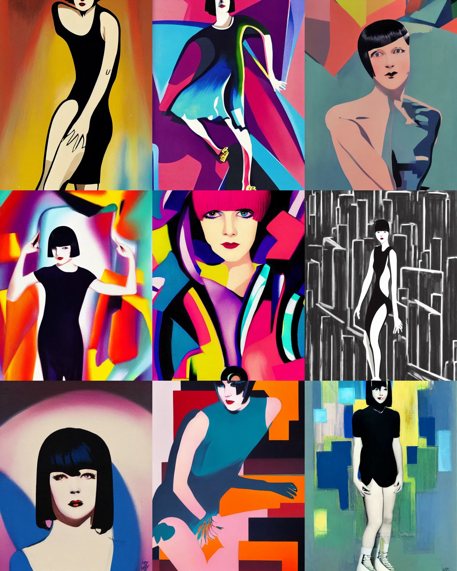 Prompt: full length portrait of 2 0 year old mary louise brooks roller skating, shiny bob haircut, dramatic light, abstract art deco city background, screen print, high contrast, sharp,, painted by ross tran 1 9 2 0 s