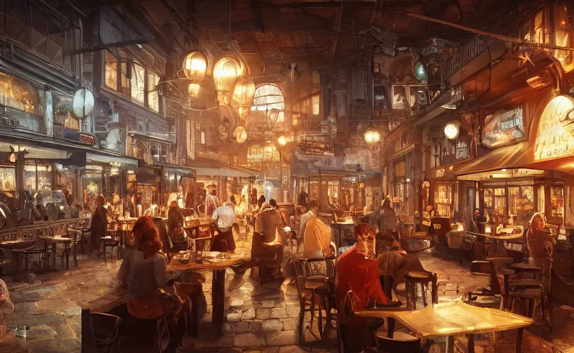 Image similar to a cozy relaxed cafe, looking out at the bustling underbelly of a thriving steampunk city by james paick, trending on cgsociety, unreal engine, 4 k wallpaper