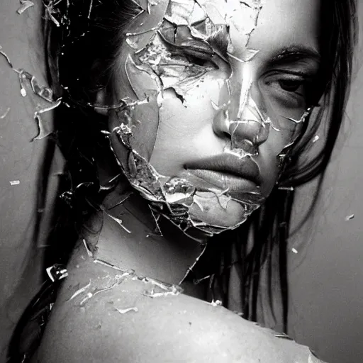 Prompt: a beautiful portrait of a woman with shattered glass for a face