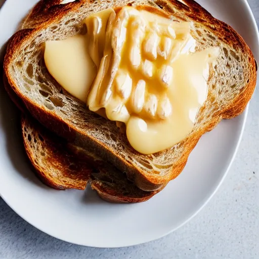 Prompt: sourdough toast with melted swiss cheese on a plate, morning light, cup of coffee