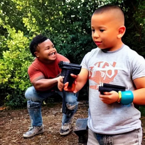 Prompt: a kid playing with A miniature Dwayne Johnson with toy guns