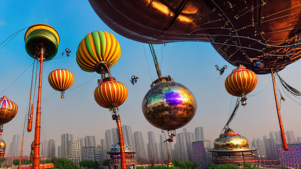 Image similar to large colorful futuristic space age metallic steampunk steam - powered balloons with pipework and electrical wiring around the outside, and people on rope swings underneath, flying high over the beautiful beijing city landscape, professional photography, 8 0 mm telephoto lens, realistic, detailed, photorealistic, photojournalism