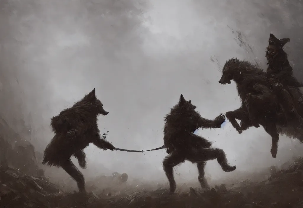 Image similar to a wolf fighting a victorian man, artstation, jakub rozalski, high detail, dramatic lighting, night, fog