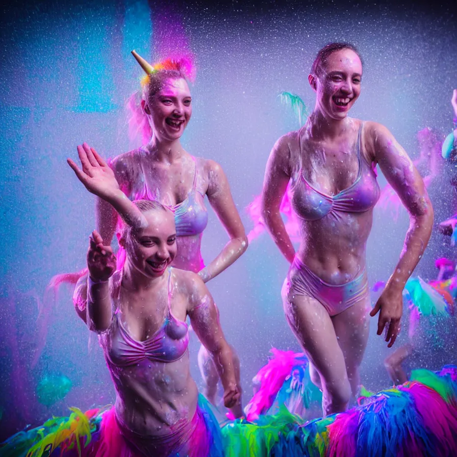 Image similar to epic professional digital portrait of 🦄🎉 dance foam party, happy, cheerful, fun,, detailed, hdr, 4 k, leesha hannigan, wayne haag, reyna rochin, ignacio fernandez rios, mark ryden, iris van herpen, best on wlop, pixiv, stunning, gorgeous, much wow, cinematic, masterpiece