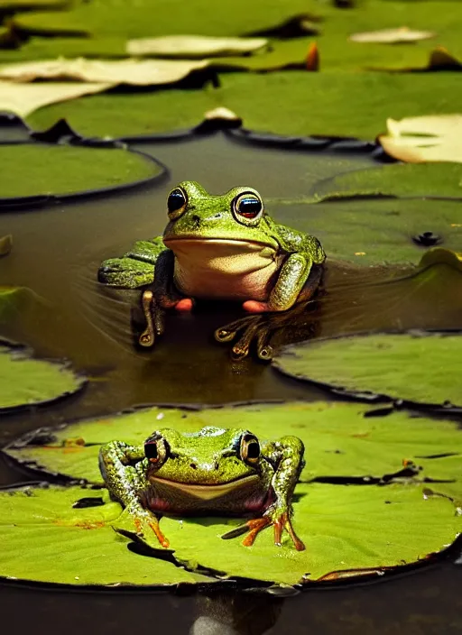 Prompt: close - up of a smiling frog in the pond with water lilies, medieval castle on background, shallow depth of field, highly detailed, autumn, rain, bad weather, ominous, digital art, masterpiece, matte painting, sharp focus, matte painting, by isaac levitan, asher brown durand,