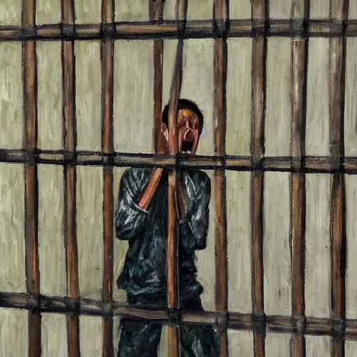 Prompt: skinny prisoner screaming holding prison bars, realism, oil painting