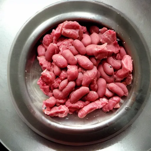 Prompt: raw meat chunks beans, android cell phone photo,