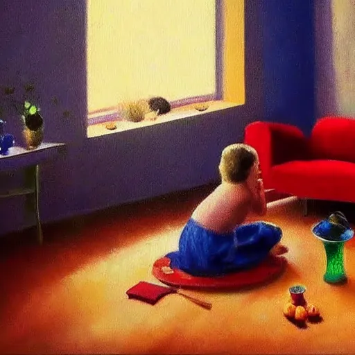 Image similar to A beautiful painting harmony of colors, simple but powerful composition. A scene of peaceful domesticity, with a mother and child in the center, surrounded by a few simple objects. Colors are muted and calming, serenity and calm. deep red, charming, YouTube by Yves Klein vfx, control the soul