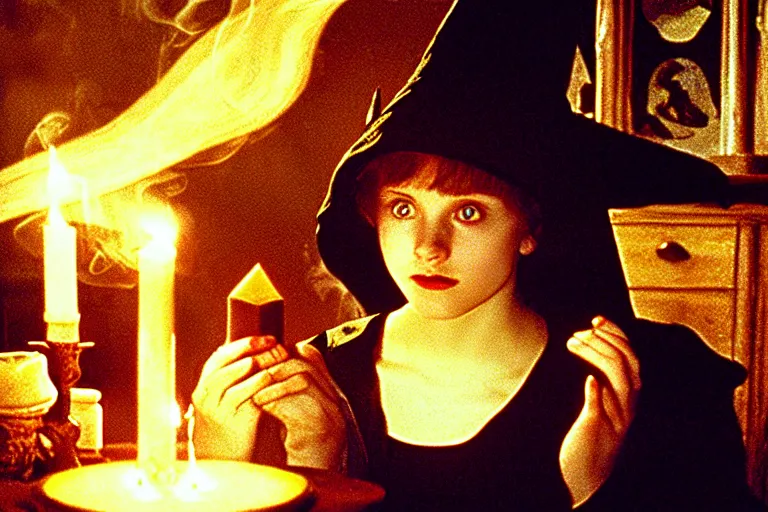 Image similar to 2 0 0 0's photo, close up portrait, dramatic lighting, concentration, calm confident teen witch and her cat, candles and tarot cards displayed on the table in front of her, incense smoke fills the air, a witch hat and cape, apothecary shelves in the background, still from harry potter, alphonse mucha