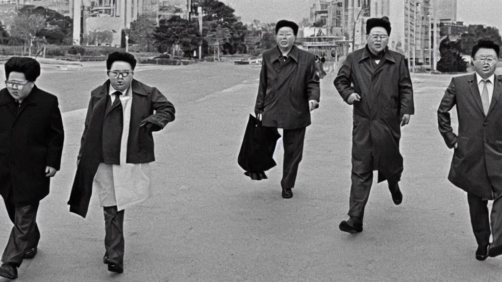 Image similar to kim jong - il walking in 1 9 6 0 s pyongyang, film noir thriller in the style of orson welles and andrei tarkovski