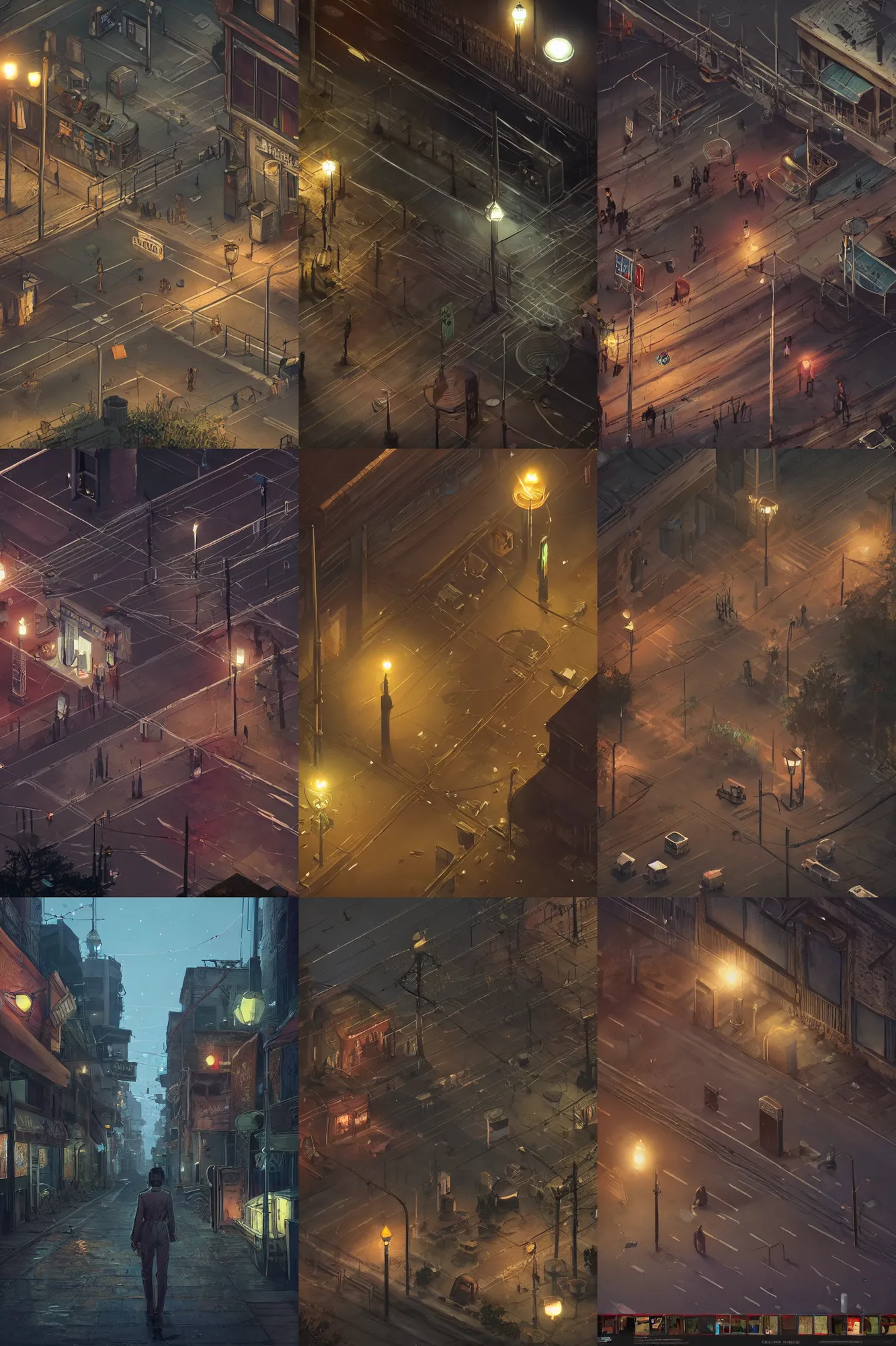 Image similar to style : disco elysium. composition : long shot, waist level ; low angle. key words : digital art ; detailed ; 4 k. scenery : a gothic harbor city with blood on the streets. subject : none ; the streets are empty. details : at night ; lanterns in the streets.