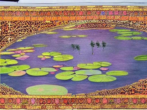 Prompt: A beautiful painting of a waterlily pond in the style of Persian Carpet