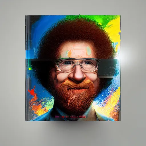 Image similar to improbability, octane render, portrait made of paint, splashes of colors, bob ross comic book art