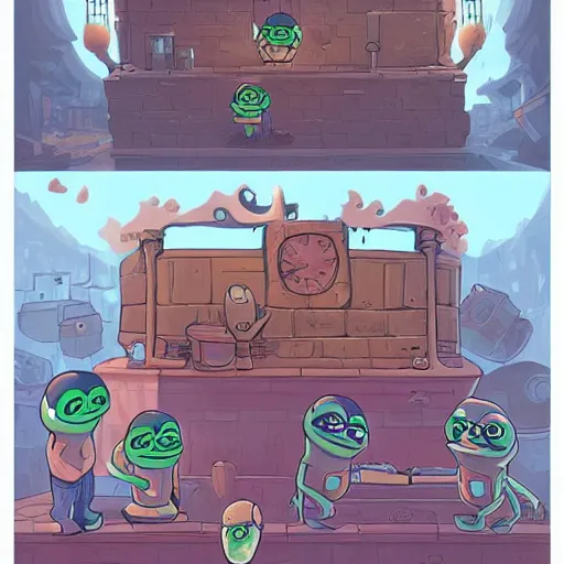 Prompt: cute pepe the frog in 2 d game concept dungeon, concept art, by james jean, by rossdraws, frank franzzeta, mcbess