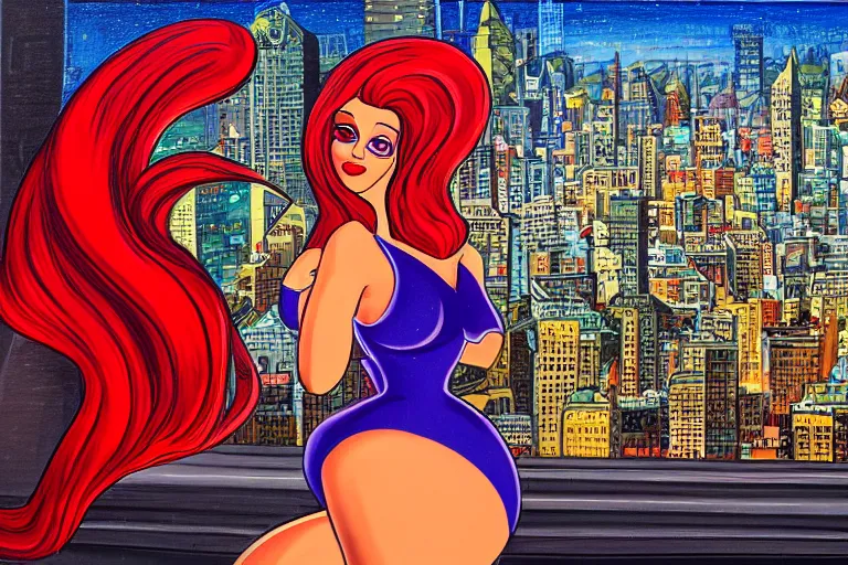 Prompt: Jessica Rabbit looking at the city. Cinematic. Intricately detailed acrylic painting