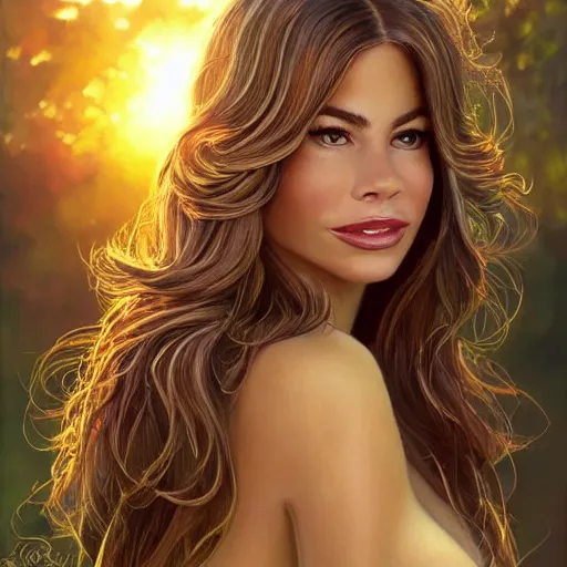 Prompt: clear portrait of sofia vergara, adorable appearance!!!, golden hour, happy apearance, cottagecore!!, background hyper detailed, character concept, full body, dynamic pose, intricate, elegant, highly detailed, digital painting, artstation, concept art, smooth, sharp focus, illustration, art by artgerm and greg rutkowski and alphonse mucha