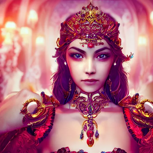 Image similar to photograph of wonderful princess with smooth fair skin, alluring eyes, red jewelry, breathtaking, elegant, ornate, intricate, hyper detailed, accent lighting, dramatic light, 4 k octane render