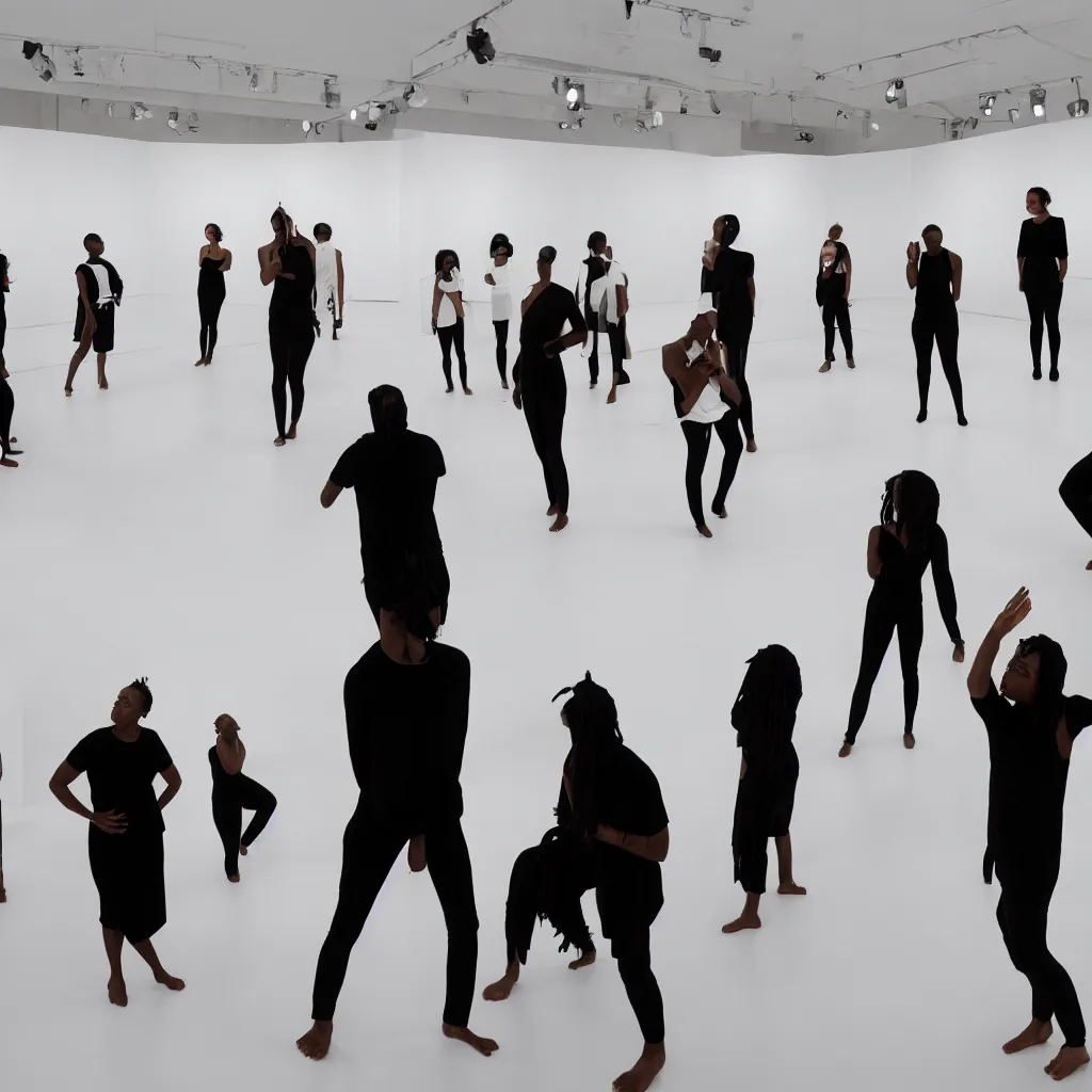 Image similar to a white space and a black subject contemporary art performance