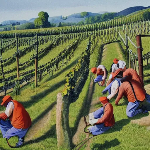 Prompt: Hyperrealism traditional austrian vineyard with workers, painting by MC Escher