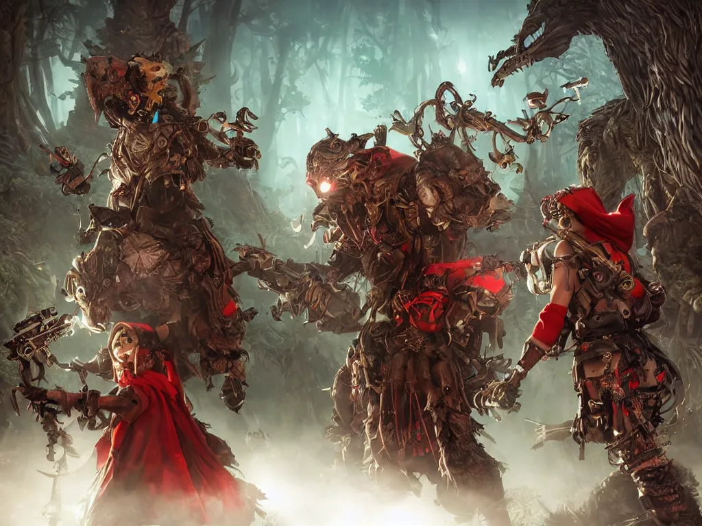 Image similar to red ridding hood and a troop of gamekeepers hunt mystical forest monsters. all wearing a steampunk and neonpunk mechanical fluorescent mystical animal masks. realistic fornite style. full body. product introduction photos. luminescent, elements, by stanley artgerm lau. epic cinematic shot, perfectly defined features, ambient occlusion