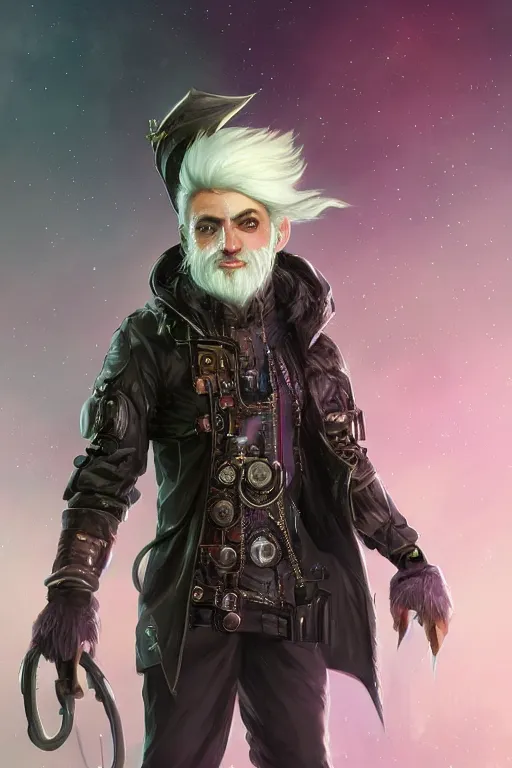 Image similar to beautiful full body portrait of a male cyberpunk gnome black, wearing a fancy velvet tunic, by wlop and artgerm, steampunk! fiction, detailed deep black eyes, starry background, trending, on artstation.