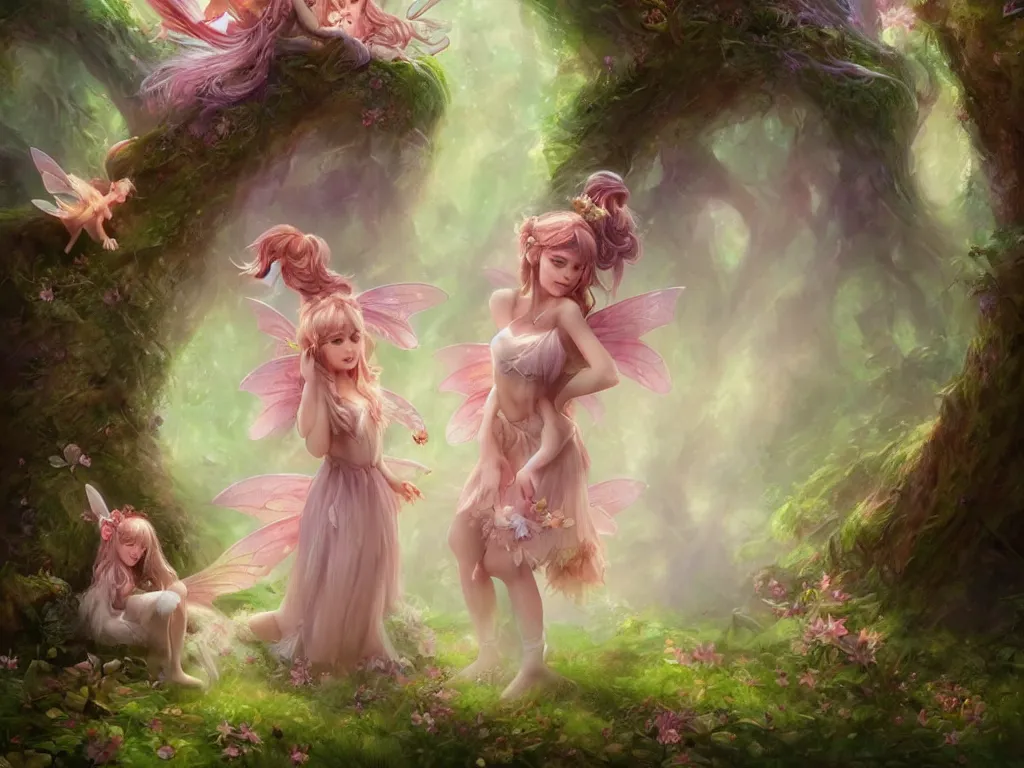 Image similar to two cute fairy in the dreamy forest, fantasy, dreamlike, 8 k resolution, hyper detailed, d & d, character design, digital painting, trending on artstation, sharp focus, illustration, art by artgerm, viktoria gavrilenko, hoang lap, fuji choko, steve zheng