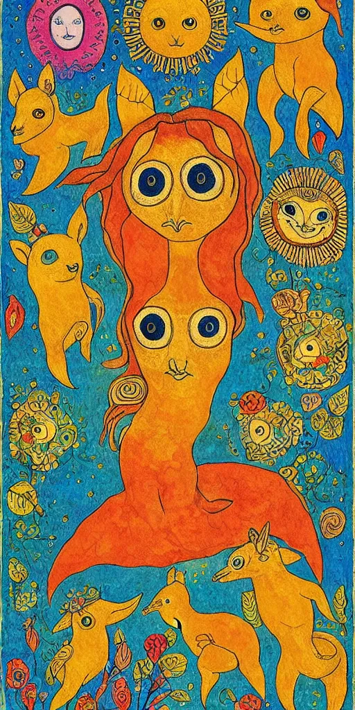 Image similar to tiny golden deer glowing eyes and sun ray mane and singing dolphins, children's book illustration, traditional folk art style, gouache on paper, outsider art, David Palladini, Hisako Aoki, tarot card, Henry Darger, Louis Wain