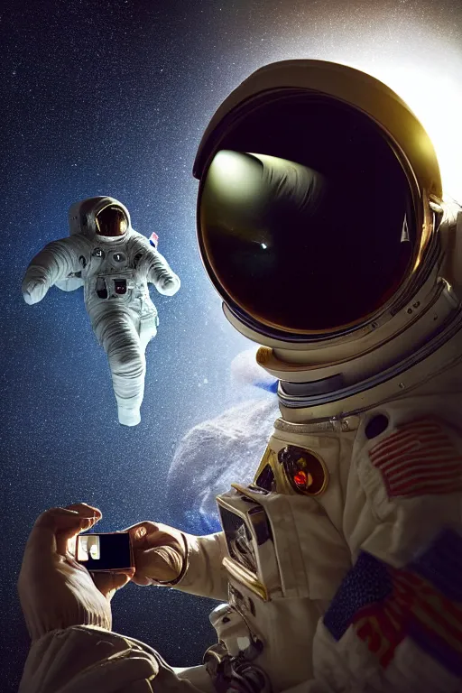 Image similar to extremely detailed studio portrait of space astronaut taking a selfie, holds a smart phone in one hand, phone!! held up to visor, reflection of phone in visor, moon, extreme close shot, soft light, golden glow, award winning photo by michal karcz and yoshitaka amano