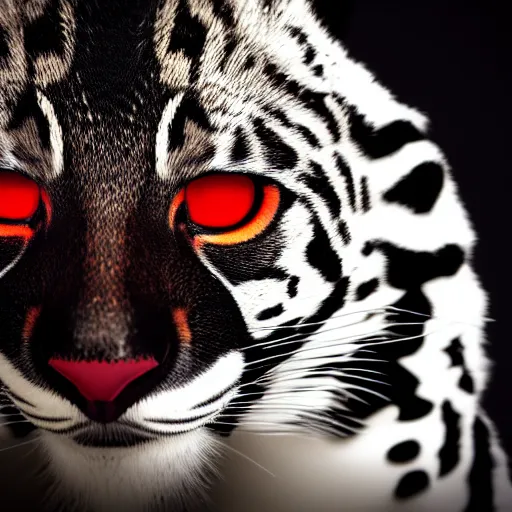 Image similar to profile shot of a black and red ocelot with black background, dramatic, cinematic, high contrast, octane render, 4k