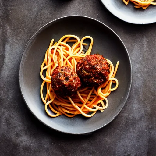 Prompt: food photography of nuclear spaghetti and meatballs