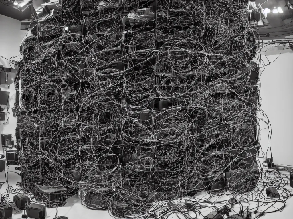 Prompt: a hyper realistic an overwhelming huge speaker stack pa sound system made from intertwining synthesizers and sound speakers and complex wires and led and intricate circuitry