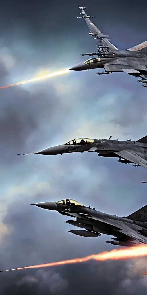 Prompt: f - 1 6 flyby in the style of greg rutkowski and wlop, and lisa frank, and bob ross, and ruan jia, illustration, epic, military aviation, hyper detailed, smooth, unreal engine, sharp focus, ray tracing