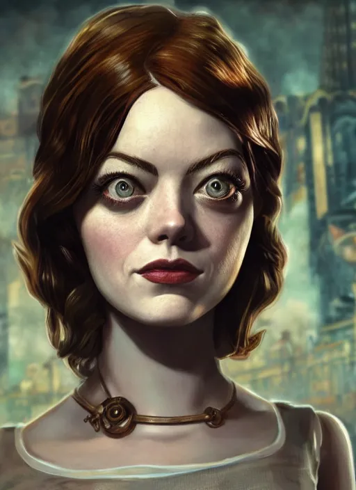 Image similar to Bioshock steampunk portrait of Emma Stone, au naturel, hyper detailed, digital art, trending in artstation, cinematic lighting, studio quality, smooth render, unreal engine 5 rendered, octane rendered, art style by klimt and nixeu and ian sprigger and wlop and krenz cushart