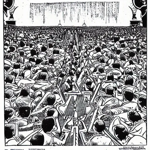 Prompt: Aztec crowd praying, Moebius