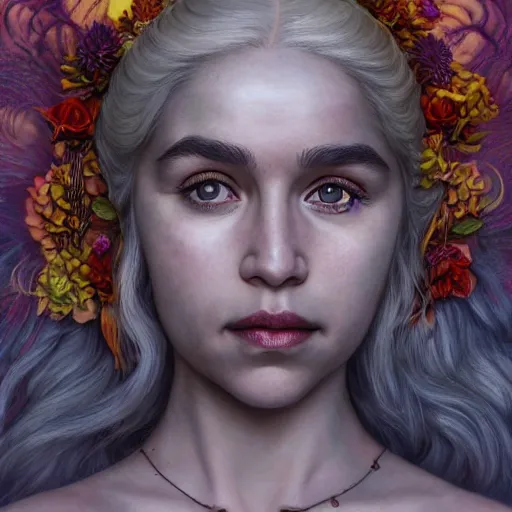 Image similar to daenerys targaryen, exterior botanical garden, portrait face, colorful, frantisek kupka, intricate, miles johnston, kuroda seiki, cynical realism, ozabu, john william godward, painterly, yoshitaka amano, moebius, miles johnston, louise zhang, james jean, mark ryden lowbrow pop surrealism art style