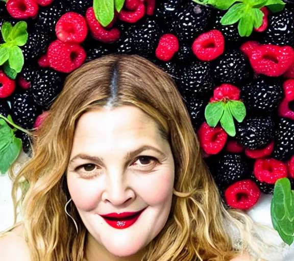 Prompt: drew barrymore in a sinking pit of blueberries blackberries strawberries cranberries raspberries,