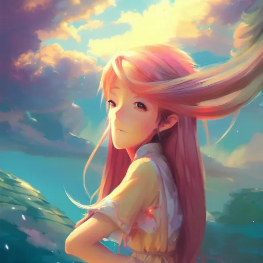 Image similar to a cute anime girl, long hair, fantasy art, 2 d game art, concept art, heavenly lighting, retrowave, behance hd, concept art by jesper ejsing, by rhads, makoto shinkai cyril rolando, madgwick, cory loftis, anime studio and pixar animation studio and disney