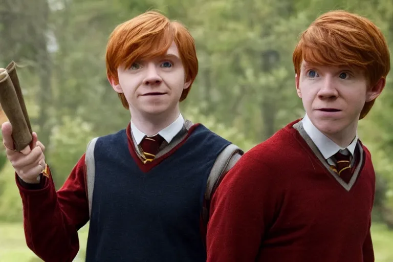 Image similar to film still Freddy Highmore as Ron Weasley wearing hogwarts uniform in Harry Potter movie