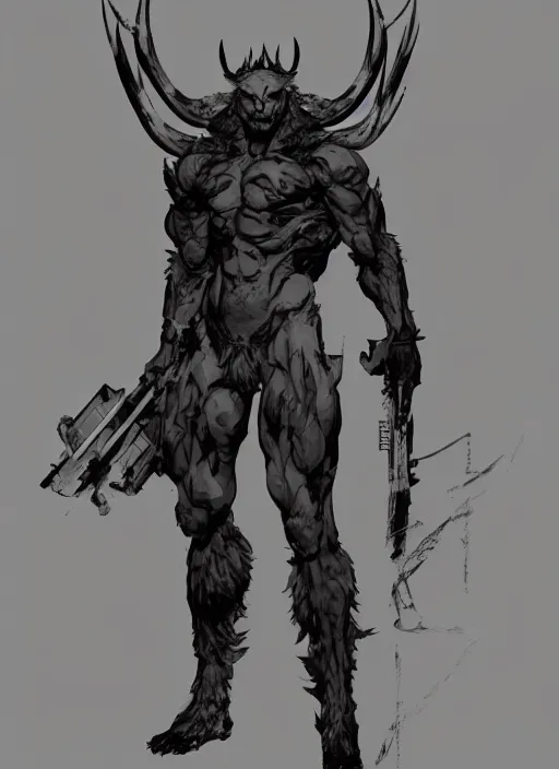 Prompt: Full body portrait of horned bear spirit. In style of Yoji Shinkawa and Hyung-tae Kim, trending on ArtStation, dark fantasy, great composition, concept art, highly detailed.