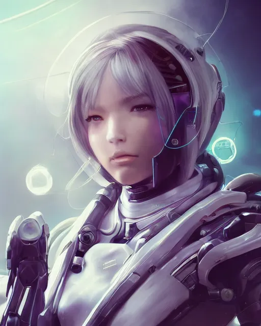 Image similar to detailed portrait of perfect android girl, warframe armor, beautiful face, scifi, futuristic, space station, laboratory, song hye - kyo, dreamy, long white hair, blue cyborg eyes, cinematic lighting, innocent, highly detailed, sharp focus, smooth, artstation, intricate, award winning, pure aura, divine, by akihiko yoshida