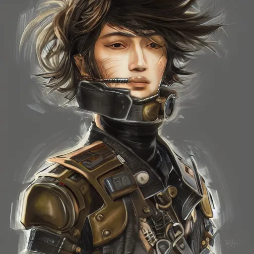 Image similar to portrait of a man by ayami kojima, japanese, he is about 2 0 years old, black short hair with bangs, he is wearing a steampunk tactical gear, highly detailed portrait, digital painting, artstation, concept art, smooth, sharp foccus ilustration, artstation hq