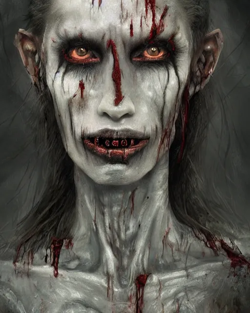 Image similar to Horrifying detailed painting of a pale, emaciated humanoid creature. It has sharp teeth and claws with pale milky eyes; snow, woods, blood; dark cinematic lighting, hyper detailed, moody; painted by Greg Rukowtski, trending on Artstation