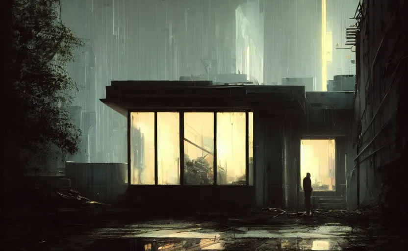 Prompt: An Exterior wide angle shot painting of a cyberpunk architecture House with warmly lit windows and neon lights by Peter zumthor and James Turrell, Greg Rutkowski and Craig Mullins , Dark atmospheric sad and cinematic lighting, Trending on artstation, Archviz, Archdaily, Deezen, Design milk, Architectural visualisation